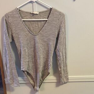 Striped olive green V-Neck Long Sleeve Bodysuit